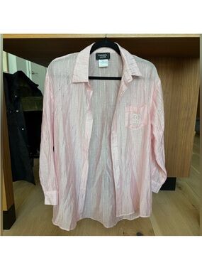 CHANEL Light Pink Sheer Shirt with Crystal Logo